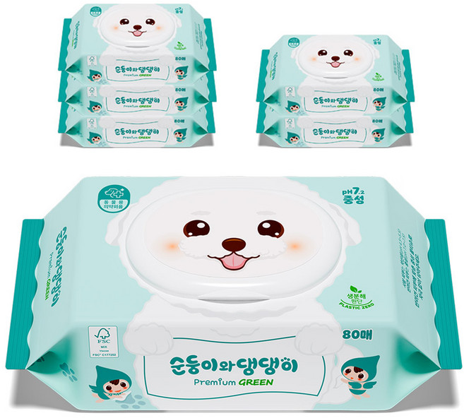 순둥이 반려동물 순둥이와 댕댕이 프리미엄 그린 중성 물티슈, 80개입, 6개
