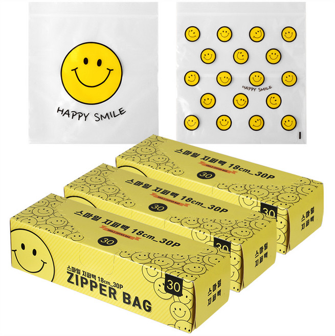 스마일 지퍼백 18cm, 소(S), 30개입, 3개