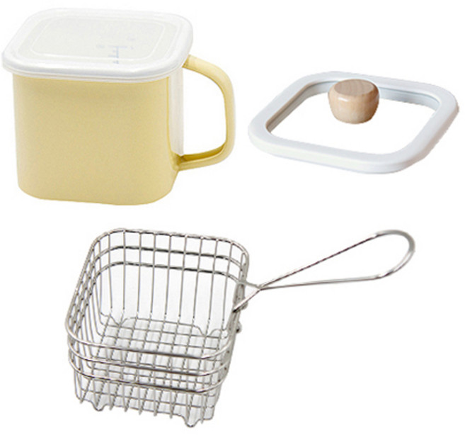 법랑 냄비 1.45L + 유리뚜껑 화이트 + 튀김망 법랑 옐로우 + 뚜껑 화이트 + 튀김망 실버 세트, 혼합색상, 1세트, 13.7cm