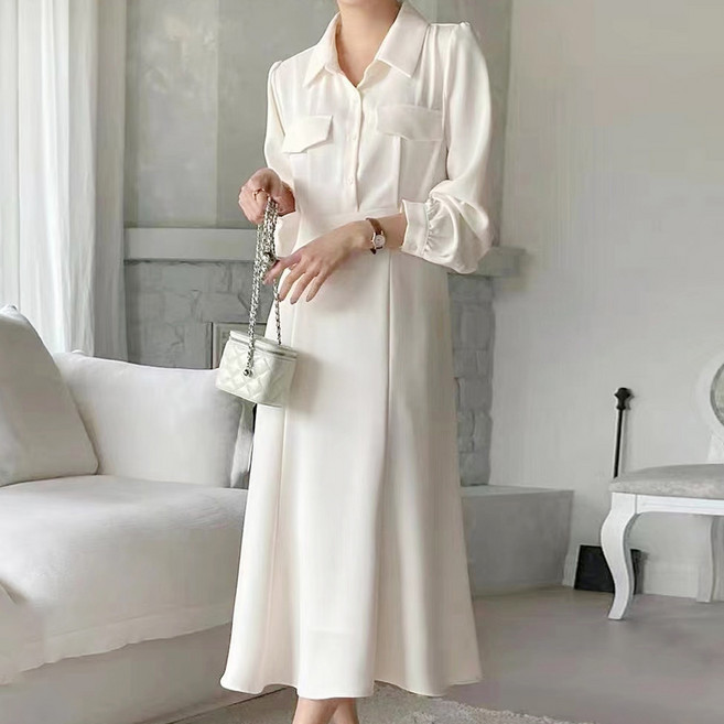 페이퍼먼츠 카라넥 포켓 버튼 백리본 긴팔 롱 원피스 22873