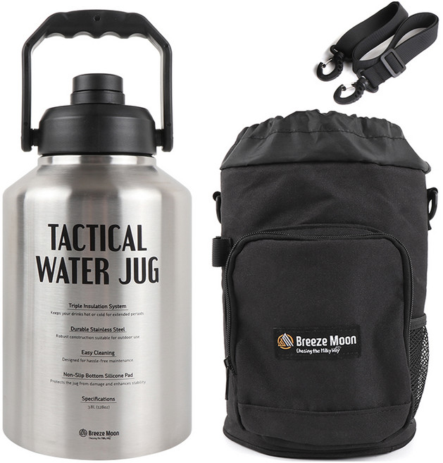 브리즈문 택티컬 스텐 워터저그 캠핑 휴대용 물통 3.8L + 워터저그 쿨러백 세트, 실버, 1세트