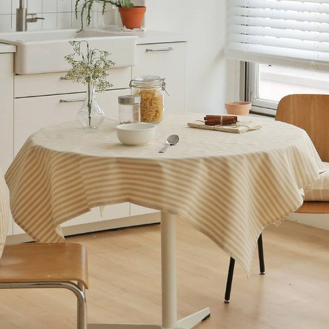 데코토닉 오트밀 미디엄스트라이프 코팅 방수 식탁보, 코팅(방수O), 2인, 2인(120 x 120 cm)