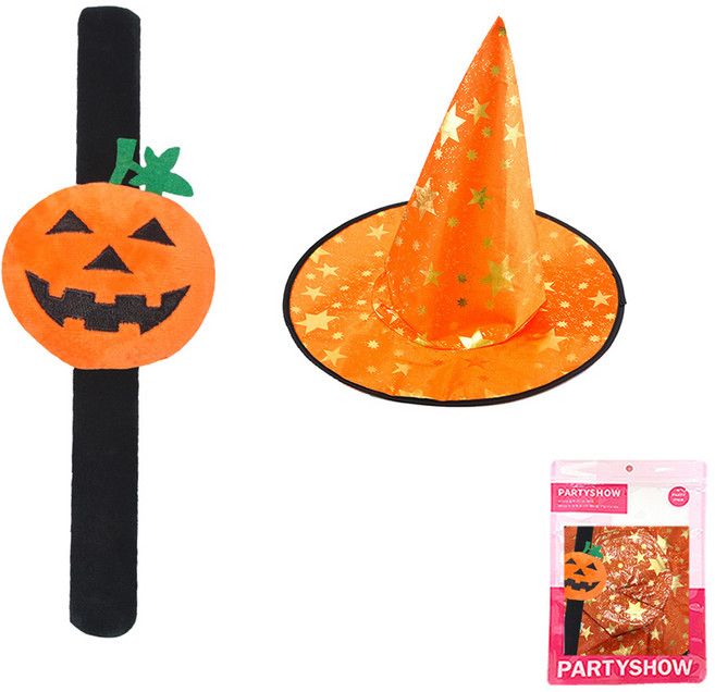 파티쇼 할로윈 파티 모자 팔찌 세트, 오렌지(별무늬마법사모자), 호박B타입(팔찌), 1세트