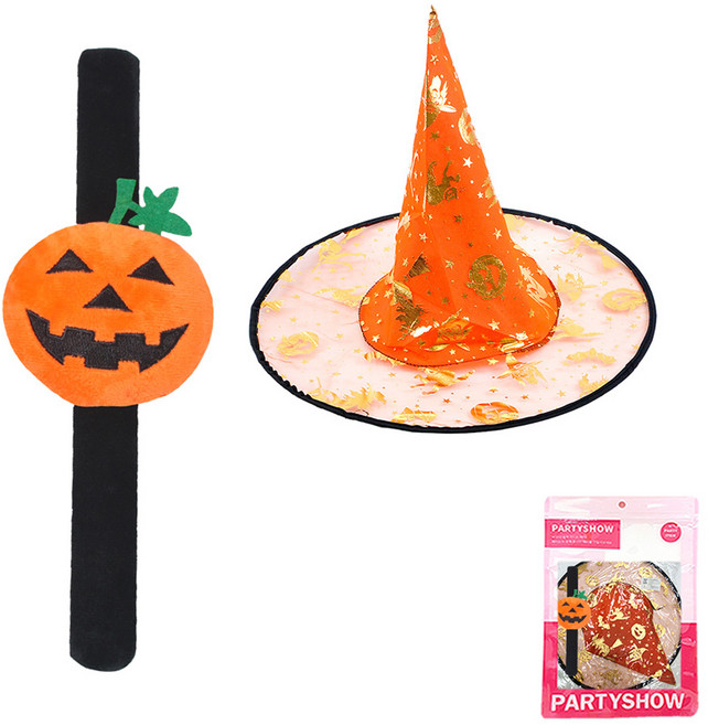 파티쇼 할로윈 파티 모자 팔찌 세트, 오렌지(프린트마녀모자), 호박B타입(팔찌), 1세트