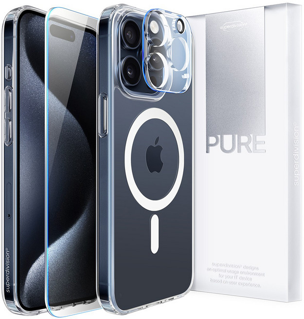 슈퍼디비전 퓨어 맥세이프 올인원 휴대폰 케이스 + 액정 강화유리 + 카메라 강화유리 세트