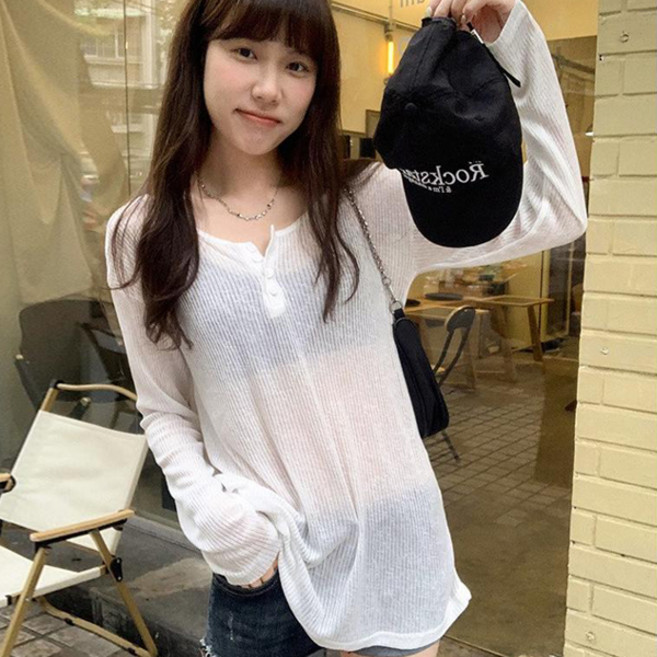 아이엠몽 여성용 리노아 시스루 골지 트임 리본 티셔츠