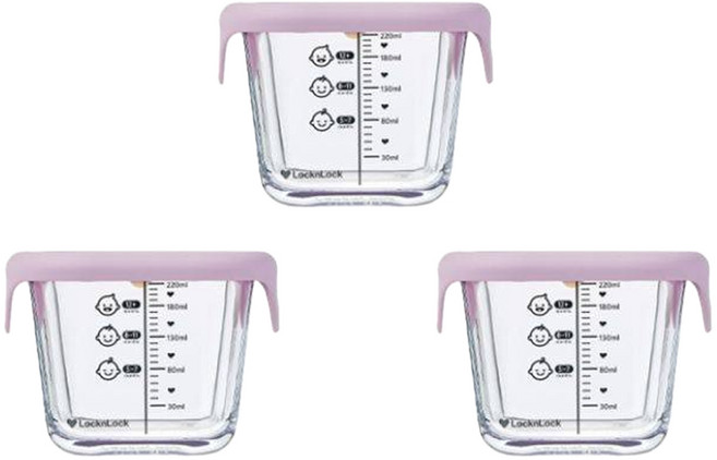 락앤락 리틀럽 디어 실리콘캡 정사각 이유식 용기, 260ml, 라벤더, 3개