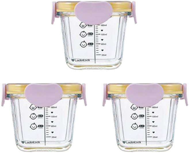 락앤락 리틀럽 디어 밀폐캡 정사각 이유식 용기, 260ml, 라벤더, 3개