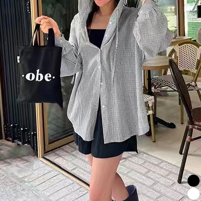 페이퍼먼츠 여성용 버튼 루즈핏 후드 체크 셔츠 23010