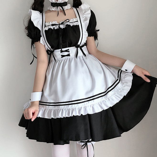 엘쏘 여성용 할로윈데이 핫스윗 메이드 빅사이즈 반팔 드레스 코스튬 + 앞치마 + 팔찌 2p + 목걸이 세트
