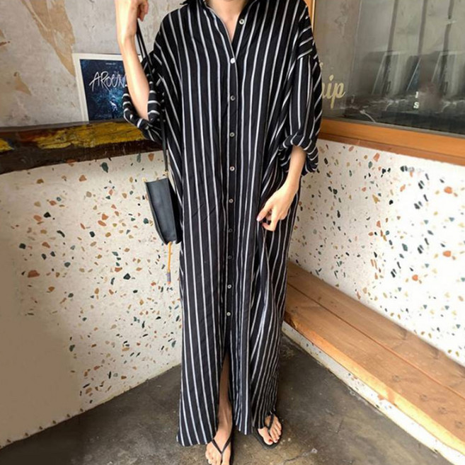 페이퍼먼츠 루즈핏 스트라이프 캐주얼 셔츠 원피스 23144