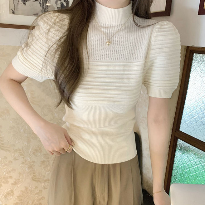 비비에모 여성용 터틀넥 퍼프 슬리브 골지 니트 티셔츠 07213