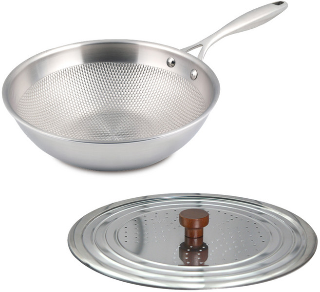 리빙글로리 쿠킹랜드 올 스텐 통 5중 엠보 궁중팬 + 우드 스텐 프라이팬 커버 22~28cm 실버 세트, 26cm, 1세트