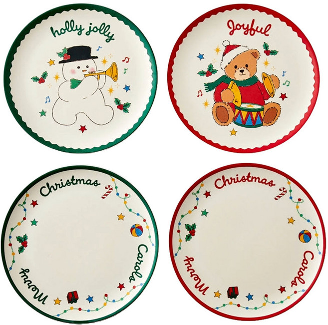 모던하우스 코지베어 크리스마스 뱀부파이버 원형접시 D20 4종 세트, 혼합색상, 1세트, 접시 4종