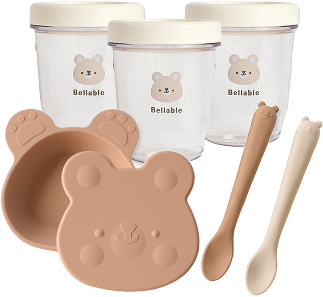 벨라블 유아용 이유식용기 피딩스푼 돌 선물세트, 브라운, 1세트
