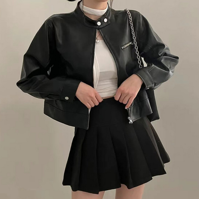 메이첼 여성용 트렌디 지퍼 레더 크롭 라이더 자켓 13622