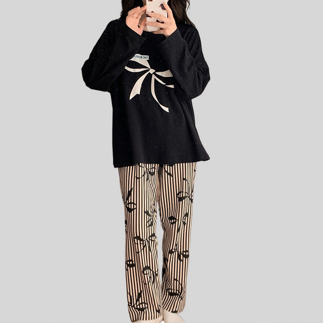Anna&Co 女款拉克蘭袖蝴蝶結長袖睡衣家居服上下套裝