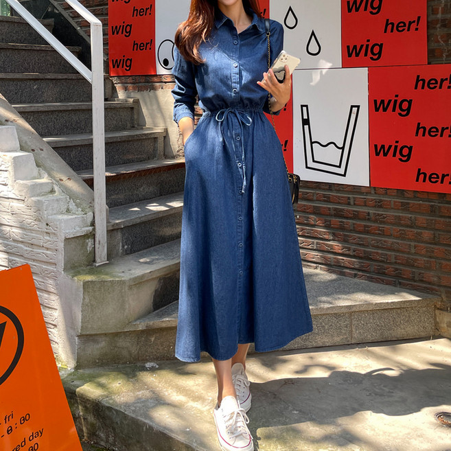 Paperments 翻領腰部抽繩鈕扣長版洋裝 23378, 丹寧