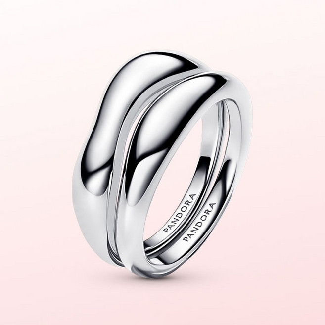 PANDORA 潘多拉 女款自然流線疊戴戒指 193264C00 + 提袋 + 小卡片