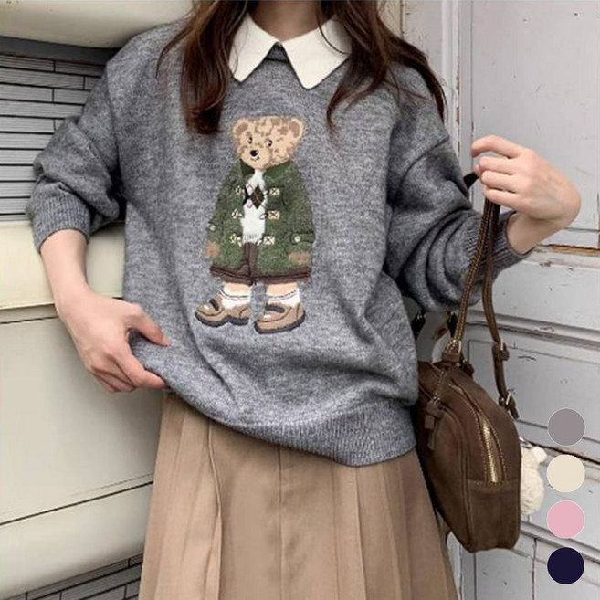 MEICHEL 女款小熊家族翻領針織衫 13614