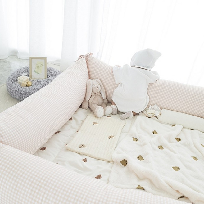 아이레빗 유아용 범퍼 쿠션 커버 + 솜 세트, 체크베이지