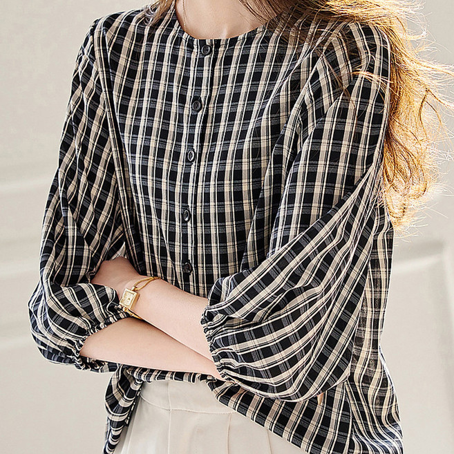 페이퍼먼츠 패턴 밴딩 소매 블라우스 22886