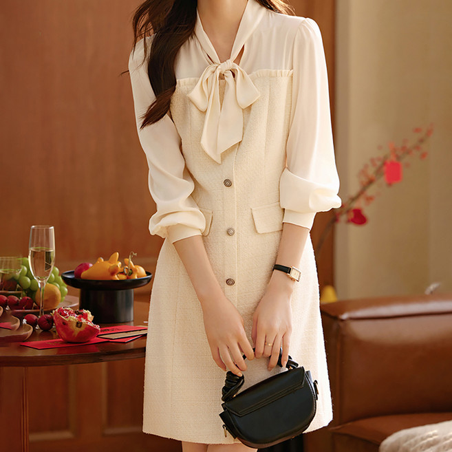 Paperments 蝴蝶結領粗花呢正裝迷你連身裙 23290, 象牙白