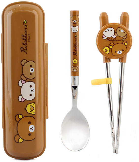 Rilakkuma 拉拉熊 快樂系列兒童用湯匙+矯正筷+收納盒套組, 1組, 棕色, 湯匙 + 矯正筷 + 收納盒