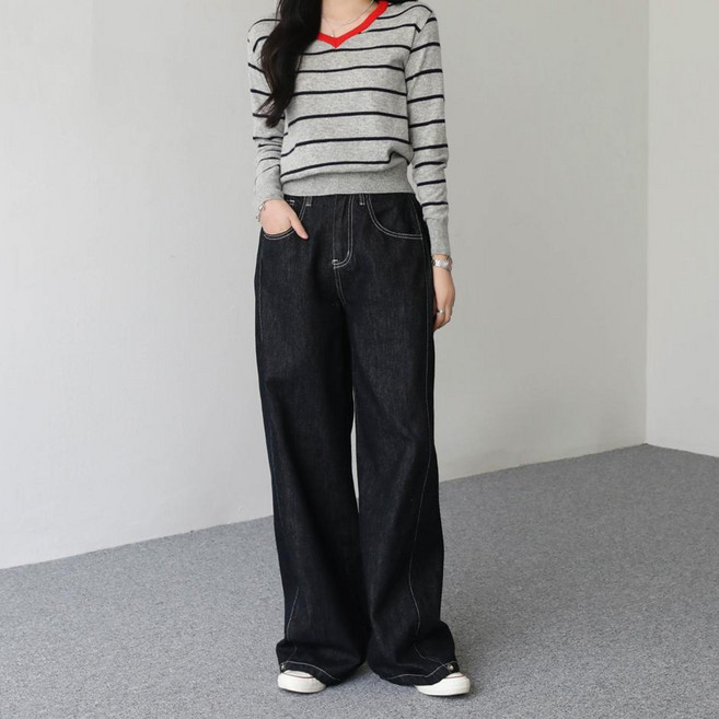 피핀 여성용 논페이드 밑단스냅 와이드 데님 숏 #710494