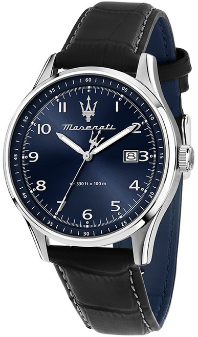 마세라티 남성용 SORPASSO 데이데이트 가죽밴드 시계 R8851124003