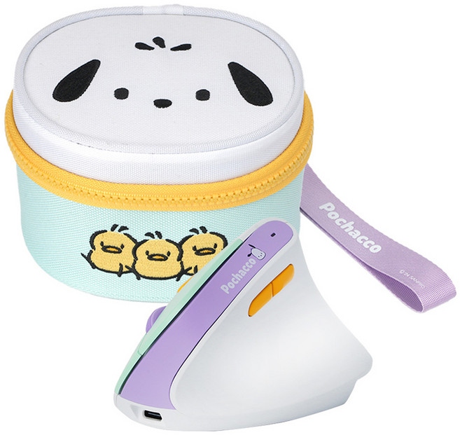 로이체 산리오 인체공학 저소음 버티컬 충전식 무선 마우스 + 파우치 세트 SAN-VMS-B-PC, 포차코