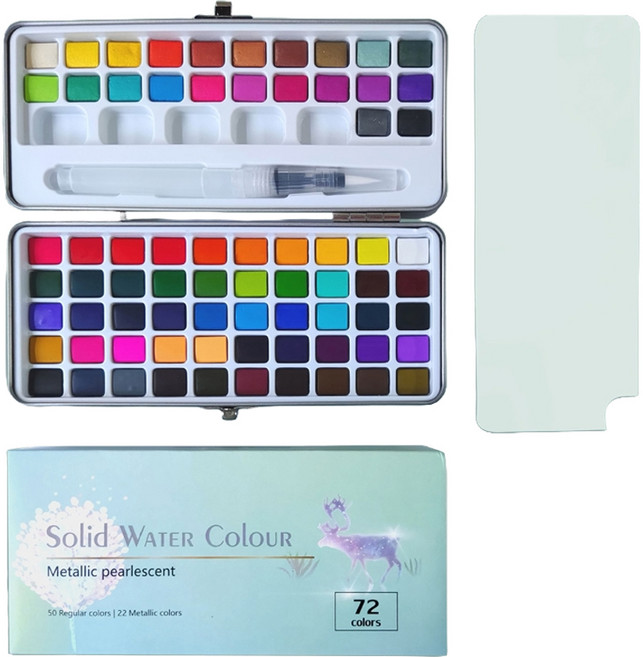 마다꾸미 고체 수채화 물감 팔레트 + 워터브러쉬, 328g, 72색