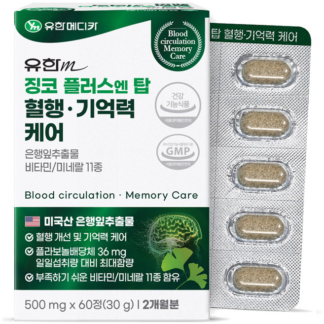 유한메디카 징코 플러스 엔 탑 혈행 기억력 케어, 60정, 30g, 1개