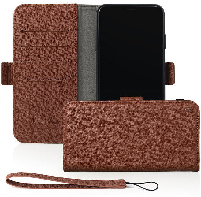 어썸디자인 사피아노 수제 가죽 오블리크 지갑 휴대폰 케이스 + 핸드 스트랩 세트