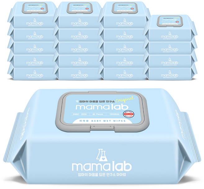마마랩 오리지널 엠보 아기물티슈 캡형, 52g, 80매, 20개