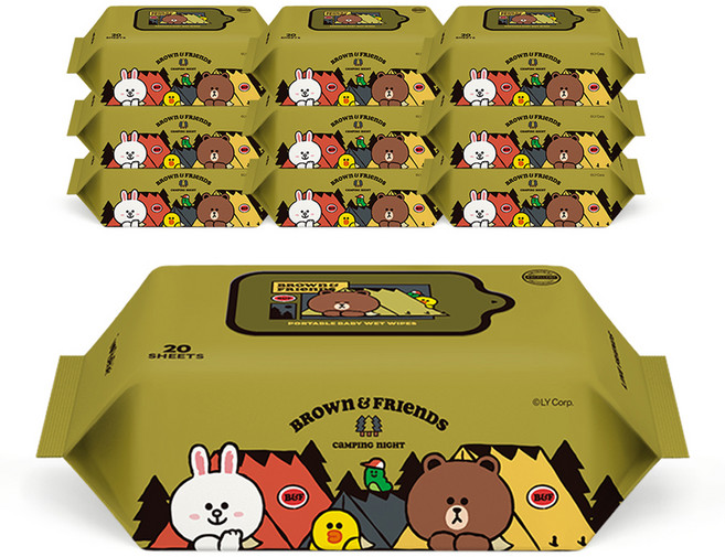 아이러브베베 라인프렌즈 휴대용 캠핑프렌즈 아기물티슈, 62g, 20매, 10개