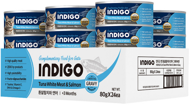 INDIGO 고양이 그레이비 캔, 80g, 24개, 혼합맛(흰살참치/연어)