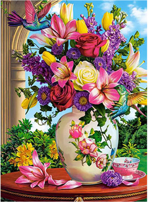 데이소이 화려한 플라워 DIY 보석십자수 30 x 40 cm, 14 새와꽃병, 1개