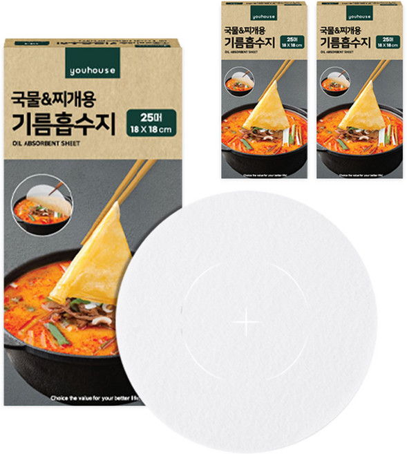 유하우스 국물 앤 찌개용 기름흡수지, 18cm, 25개입, 3개