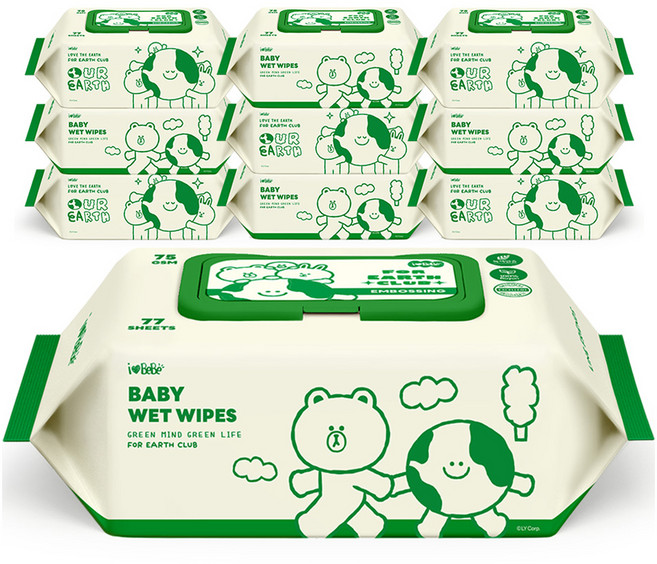 아이러브베베 라인프렌즈 그린 에디션 아기물티슈 캡형, 75g, 77매, 10개