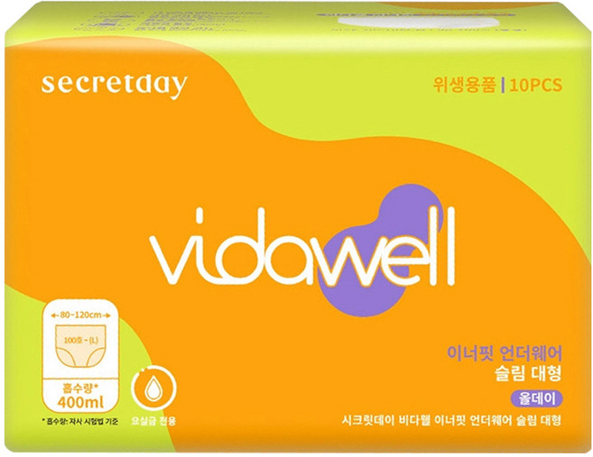 비다웰 여성용 요실금 이너핏 언더웨어 슬림 성인기저귀, 대형, 1세트, 10매입