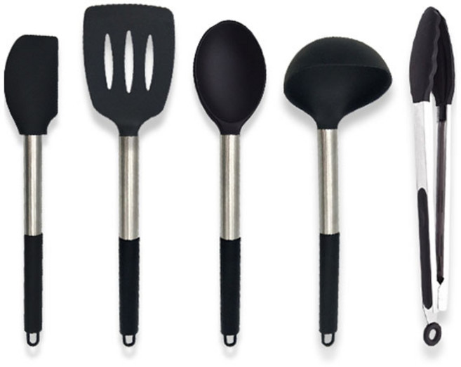 인블룸 실리콘 키친툴 5p 세트, 국자 + 스파츌라 + 뒤집개 + 볶음스푼 + 집게, 블랙, 1세트