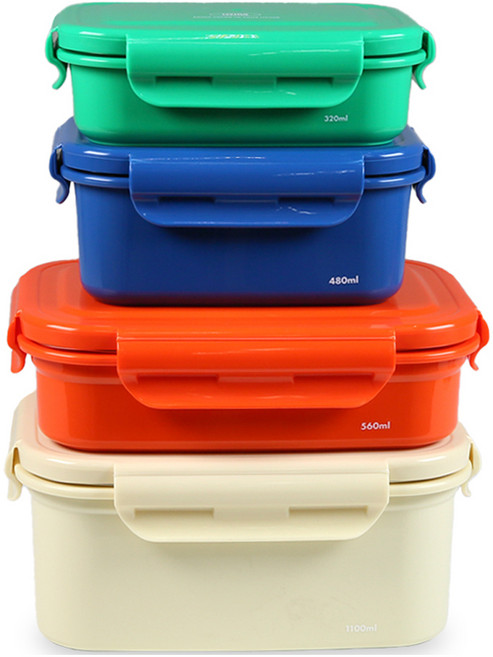 리빙크리에이터 지켜텐 밀폐용기 그린 320ml + 블루 480ml + 오렌지 560ml + 아이보리 1.1L 세트 D, 1세트, 밀폐용기 4종