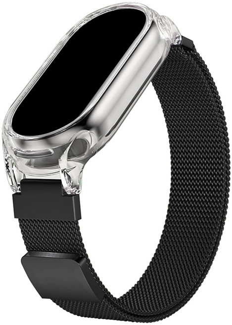 스페이스쉴드 샤오미 미밴드9 호환 일체형 투명 범퍼 케이스 밀레니즈 메탈 스트랩, 블랙, 1개