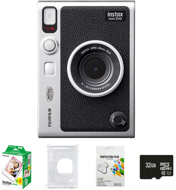 인스탁스 미니에보 카메라 블랙 + 투명 케이스 + 미니 필름 2개 x 10p + 보호필름 + 32GB 메모리 세트, FI019, 1세트