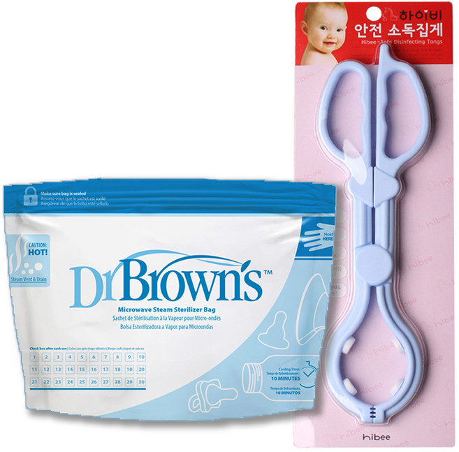 닥터브라운 유아용 new 전자레인지용 스팀백 5p + 젖병집게 세트 DR_960, 랜덤발송(젖병집게)