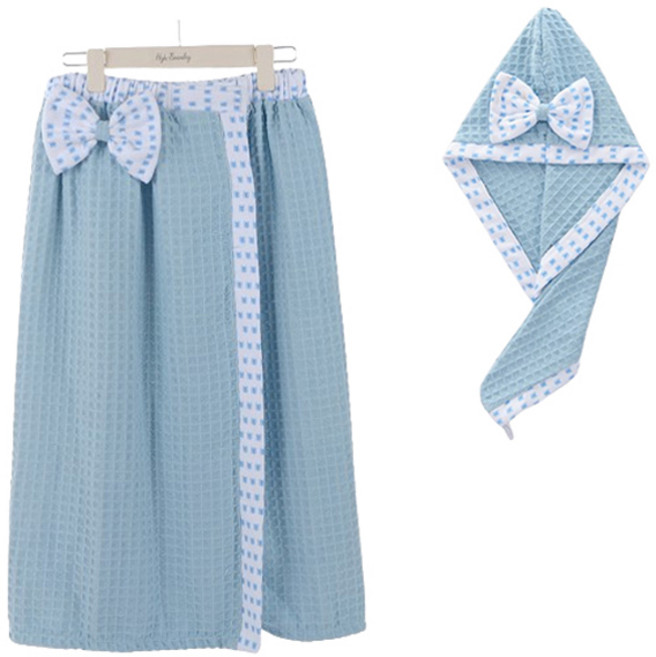 마켓피오 홈 리본 와플 탑 목욕스커트 + 헤어캡 세트, 타입3, 1세트