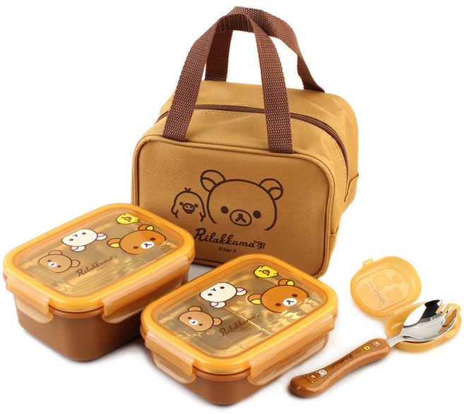 Rilakkuma 拉拉熊 手提2層雙層不鏽鋼便當盒 + 舒適湯匙快樂組, 棕色, 1套