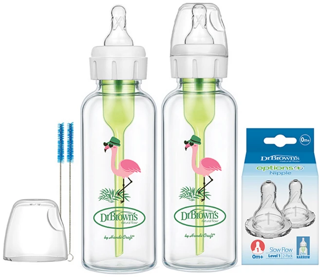 닥터브라운 내로우 데코 유리젖병 플라밍고 2p + 1단계 젖꼭지 2p 세트, 투명, 250ml, 1세트 - 쿠팡