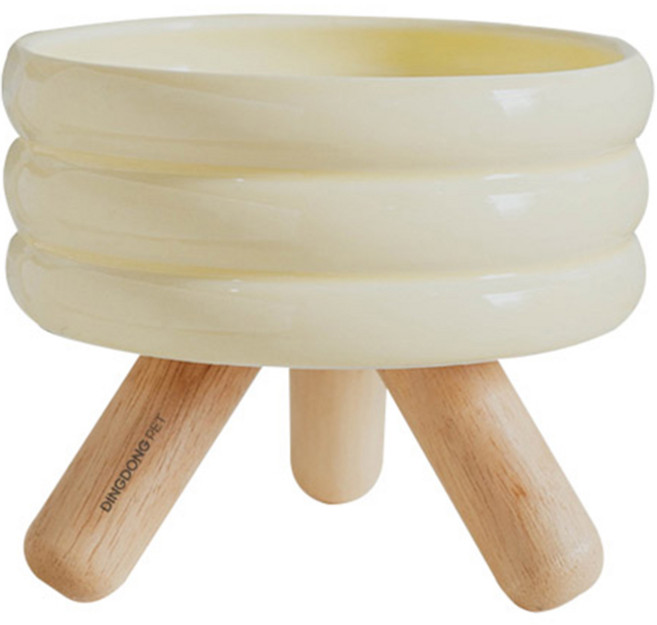 딩동펫 반려동물 허니 원목 받침 도자기 식기, 크림, 1개